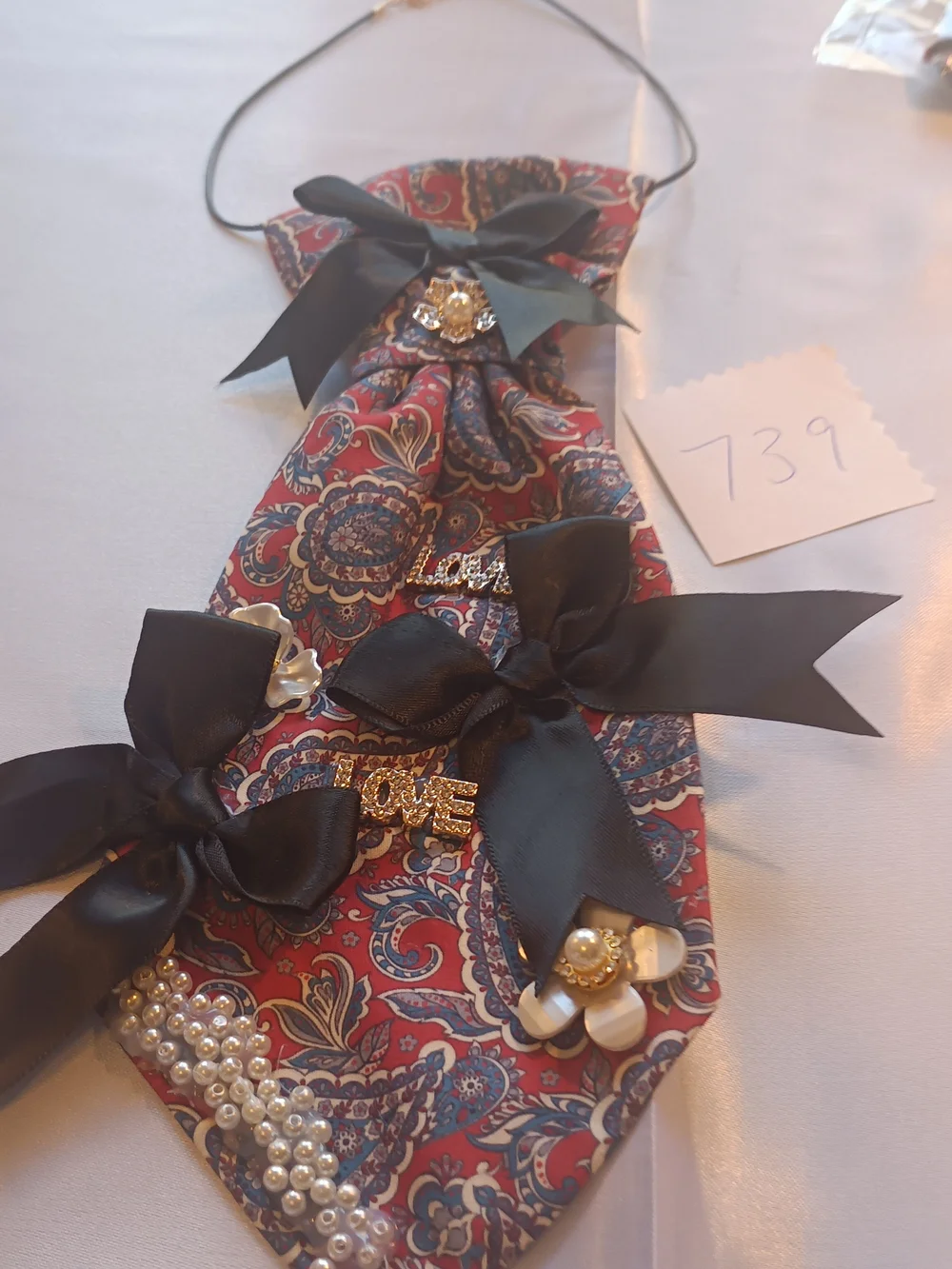 Cranberry  Red Paisley JunkTie Necklace with Black Ribbon and Pearl Accents